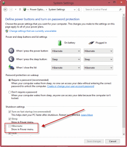 show hibernate in power menu 8.1